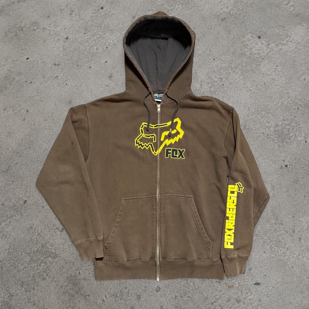 Vintage Y2K Fox Racing Zip Up Hoodie Size L Mocha Brown Yellow Motocross